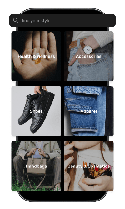 Phone showing category tiles: Health and Wellness, Accessories, Shoes, Apparel, Handbags, Beauty and Cosmetics